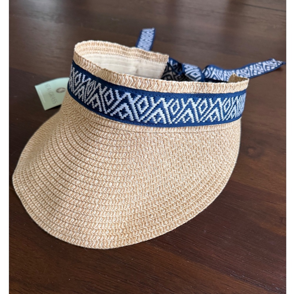 NWT Sea & Grass Woven Straw Visor Navy White Tie Back Adjustable Sun Hat Coastal